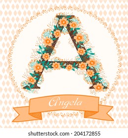 Stylized letter A. Personalized monogram with floral ornament. perfect for greeting cards and invitations.. alphabet vector 