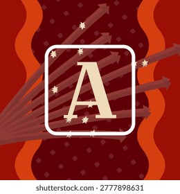 Stylized letter A, red yellow deep color palette, wave strip border, arrow burst, outlined text frame, rounded square texture pattern, with cream, orange, red, darkred color