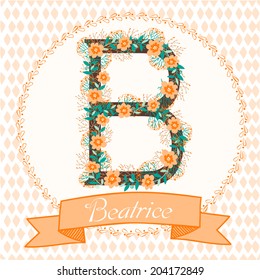 Stylized letter B. Personalized monogram with floral ornament. perfect for greeting cards and invitations.. alphabet vector 