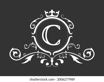 Stylized letter C of the Latin alphabet. Monogram template with ornament and crown for design of ials, business cards, logos, emblems and heraldry. Vector illustration