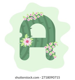 Una letra estilizada A elaborada a partir de un cactus con flores vibrantes que decoran su superficie, sobre un fondo verde.