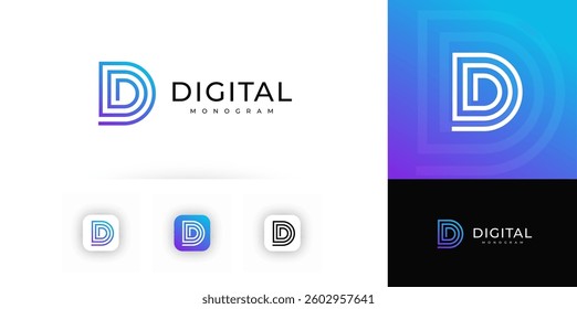 Stylized letter D formed by layered digital lines with gradient color, evokes innovation, precision. Suitable for tech branding, apps, digital identity. Modern geometric monogram. Vector illustration.