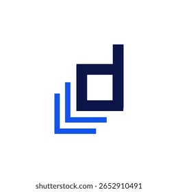 A stylized letter "D" integrated with layered blue arrows or documents, representing digital progress and organized information flow