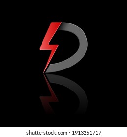 Stylized letter D with lightning and a semicircle with reflection. Illustration for badge, icon, sticker or badge. Design template. Vector illustration
