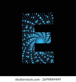 Stylized letter e created from blue digital particles and light