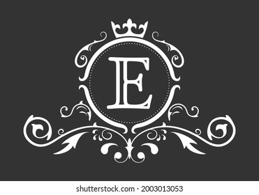 Stylized letter E of the Latin alphabet. Monogram template with ornament and crown for design of ials, business cards, logos, emblems and heraldry. Vector illustration