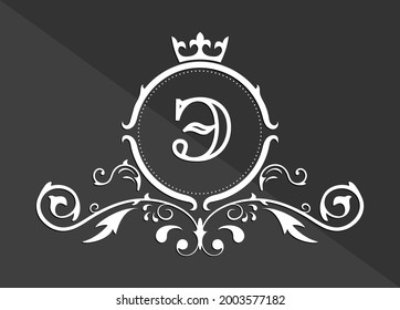 Stylized letter E of the Russian alphabet. Monogram template with ornament and crown for design of initials, business cards, logos, emblems and heraldry. Vector illustration