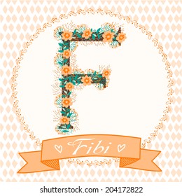 Stylized letter F. Personalized monogram with floral ornament. perfect for greeting cards and invitations.. alphabet vector 