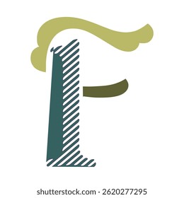 A stylized letter F with a teal and white diagonal stripe pattern for the stem. A flowing olive green top and a solid olive arm complete the design.