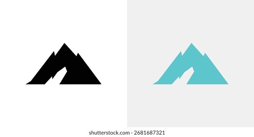 Uma letra estilizada A forma um pico de montanha. Mostrado em preto e azul-petróleo em um plano de fundo dividido.