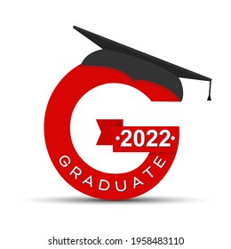 Stylized letter G with the inscription Graduate 2022 and the graduate cap. Simple stock design isolated on a white background for design and decoration