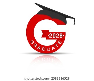 Stylized letter G with the inscription Graduate 2026 and the graduate cap. Simple stock design isolated on a white background for design and decoration