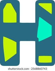 A stylized letter H with a blue background and various geometric shapes in green and cyan. Ideal for modern design and typography projects