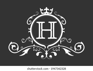 Stylized letter H of the Latin alphabet. Monogram template with ornament and crown for design of ials, business cards, logos, emblems and heraldry. Vector illustration