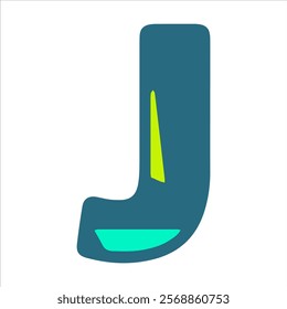 A stylized letter J in a modern, abstract font. The letter is primarily teal with a lime green accent and a light blue base. Ideal for contemporary design projects