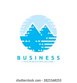 Stylized Letter M for Mountain, inside a perfect round shape in blue with sky blue sky behind. 