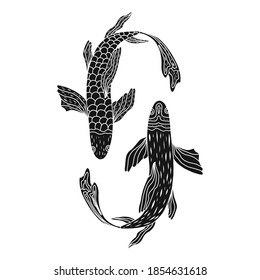 Letra estilizada O de un patrón de pescado grabado. Ilustración vectorial. Pescado koi dibujado a mano. El dibujo de una carpa de caracteres japoneses significa carpa. Para el embalaje, la marca, los carteles y los carteles.