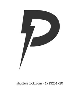 Stilisierter Buchstabe P mit Blitz und Halbkreis. Illustration für Abzeichen, Symbol, Aufkleber oder Abzeichen. Vorlage entwerfen. Vektorgrafik