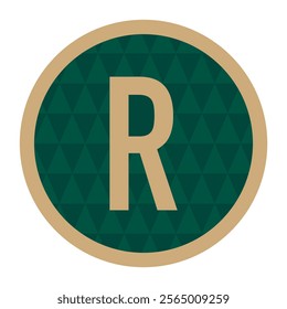 Stylized letter R in a circular badge with a gold rim and triangular geometric background, ideal for branding, labels, or artistic design projects.