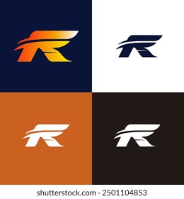 A stylized letter "R" is designed with a dynamic wing-like element, symbolizing speed and movement. The logo is shown in four color variations: a vibrant gradient of orange and yellow on a dark blue b