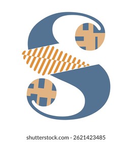A stylized letter S in blue with orange diagonal stripes. Two tan circles with a grid pattern accent the curves.