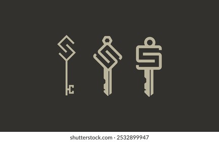 Stylized Letter S key logo design with geometric lines, perfect for real estate, property management, or realty branding. High-quality vector template for professional business use.