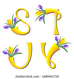 Stylized letter S, T, U, V with a bouquet of crocuses. Alphabet in yellow and lilac color.  Vector illustration.