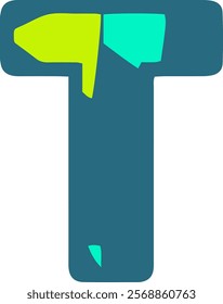 A stylized letter T in a bold, modern font with a unique design featuring contrasting colors of teal, lime green, and cyan. Ideal for creative and contemporary design projects