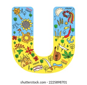 Letra estilizada U al estilo doodle con símbolos de Ucrania. Conjunto de elementos.