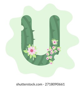 Una letra U estilizada hecha de un cactus con decoraciones florales, sobre un fondo verde claro.