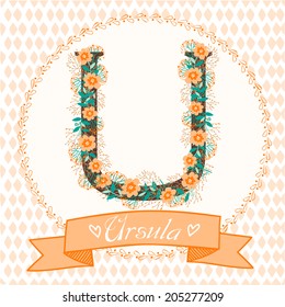Stylized letter U. Personalized monogram with floral ornament. perfect for greeting cards and invitations. alphabet vector