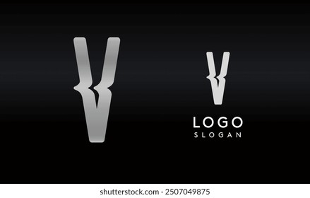 Stylized letter V with sharp, abstract cuts like bullet passing trail through letter for modern sleek logo design, creative agencies branding, tech startup, corporate identity. Vector illustration.