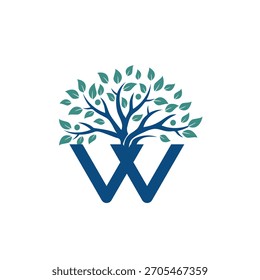 Stylized letter w with a growing tree and green leaves logo design