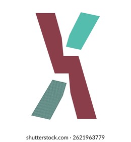 A stylized letter X with a maroon main body. Teal accents the upper arm, and a textured grey blue grid fills the lower arm.