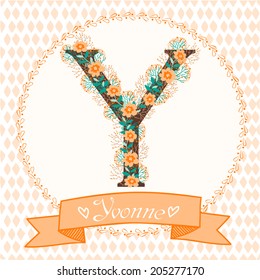 Stylized letter Y. Personalized monogram with floral ornament. perfect for greeting cards and invitations. alphabet vector