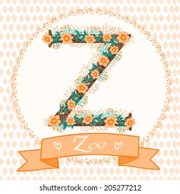 Stylized letter Z. Personalized monogram with floral ornament. perfect for greeting cards and invitations. alphabet vector