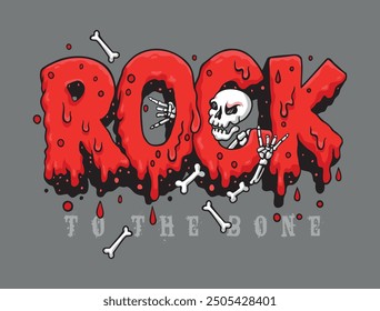 Stylized lettering illustration simulating liquid dripping with a cartoon-style skull. Art alluding to Rock and Roll.