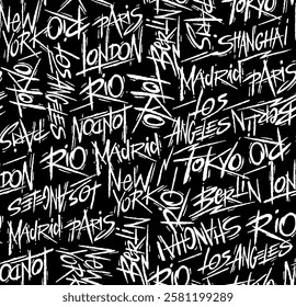 Stylized lettering pattern with the names of famous cities around the world. Artistic and casual lines for wallpaper, fabrics, decoration, etc.