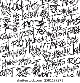 Stylized lettering pattern with the names of famous cities around the world. Artistic and casual lines for wallpaper, fabrics, decoration, etc.