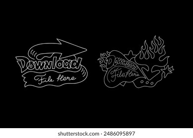 Stylized lettering Set. Inscription "Download file here, Click here..." Neon Outline 2d vector image. Sticker for social media. Backdrop.