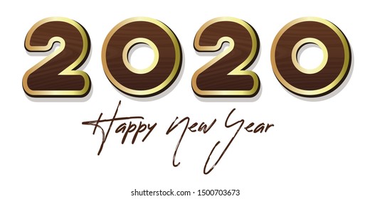 Stylized lettering for Year 2020. Happy New Year 2020. Wooden lettering with gold stroke. Vector illustration