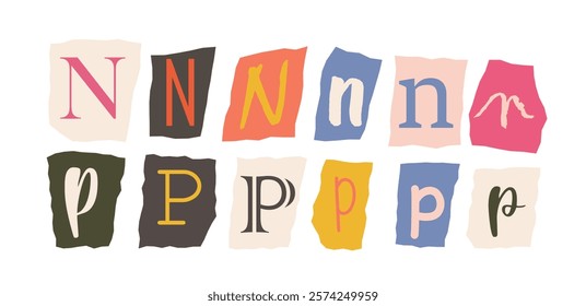 Stylized letters N and P displayed in various fonts on torn paper backgrounds in assorted colors. Creative concept for typography and design. Vector illustration