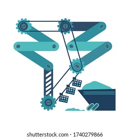 Stylized lifting mechanism. The simplest engineering solution. Exaggerated industrial symbol, emblem, sign, icon. Blue color palette. Vector illustration