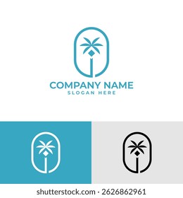 Stylized light blue palm tree within a rounded rectangle. The trunk subtly forms the letter 'I'. Evokes a tropical, coastal, or relaxed feel in a modern frame.