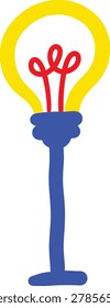 A stylized of a light bulb with a blue base and a yellow bulb containing red filaments, set against a plain white background.