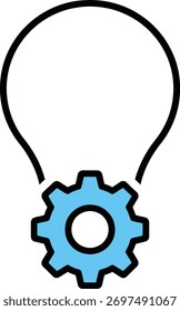 Ein stilisiertes Glühbirnen-Symbol mit einem blauen Zahnrad in seinem Filament integriert, symbolisiert Innovation, Kreativität und mechanische Lösungen, einzeln auf weißem Hintergrund.
