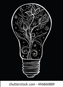 Stylized light bulb. Lamp. Abstract. Electrics. Line art. Drawing by hand. Doodle. Tattoo. Flower.