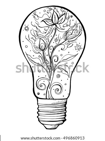 Stylized light bulb. Lamp. Abstract. Electrics. Line art. Drawing by hand. Doodle. Tattoo. Flower.