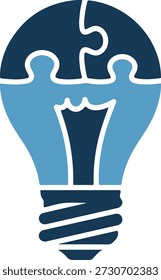 Uma lâmpada estilizada com um esquema de cores azul marinho e claro apresentando peças de quebra-cabeça em um fundo branco puro