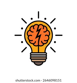 A stylized lightbulb with a brain and a lightning bolt inside, symbolizing a brilliant idea, innovation, or a moment of inspiration. The bright yellow glow suggests creativity and insight.